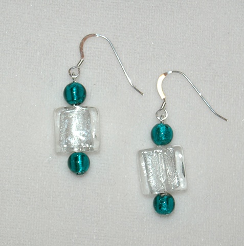 Murano style glass bead Earrings in square-shaped shimmering silver with deep aqua round accent beads on Sterling silver French ear wires.