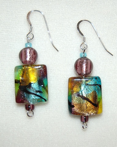 Square-shaped murano style aqua/amber/purple glass bead Earrings with purple foil-lined glass bead accent