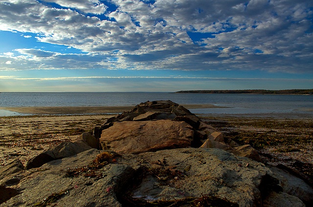 Rock formation leading to bay. Megansett Beach, North Falmouth, MA