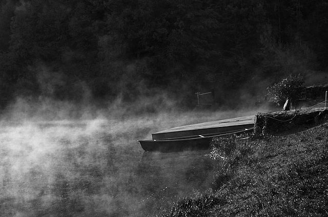 Empty rowboat in morning mist, The Woods Campground, Lehighton PA
