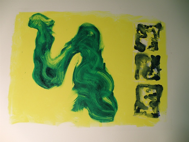 green swirling whoosh of ink, three small blue and white tiles along right-hand margin