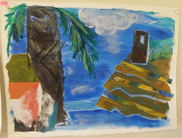 palm tree left with collage overlay, terraced hills with lines of collage right, brown tower top right