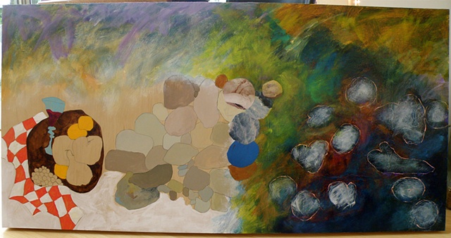naked board left, checked tablecloth, vari-colored rocks center, lily pads right