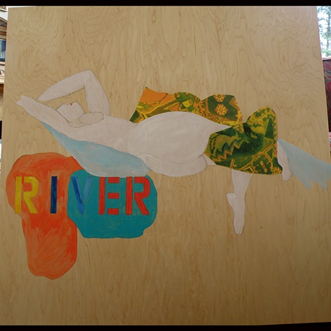 white nude above orange and blue forms, colored RIVER stencil, collaged pillow, mostly wood background