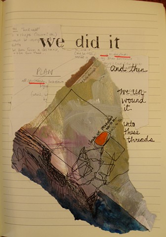near-triangular dark grey painted swatch, orange oval, "we did it" stencil and script