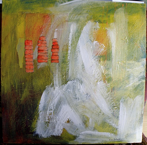 Collage of temple columns, red ground, acrylic painting, abstract