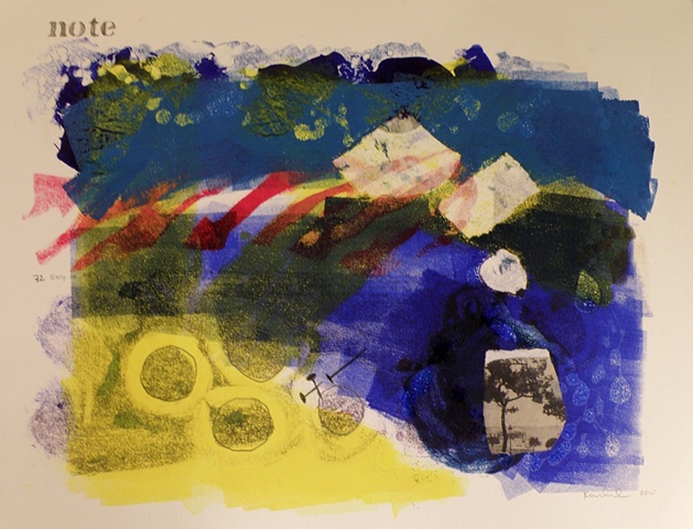Monotype with collaged photograph, in the colors of the Mediterranean Sea