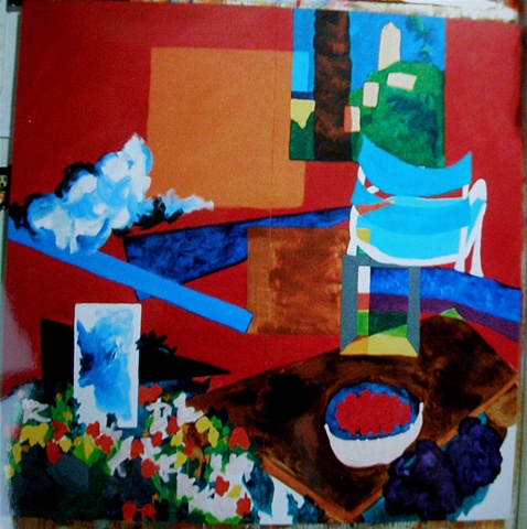 square, with red background, orange square top center, Grasse window, turquoise director's chair