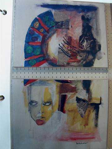 two panels, suspended, grim portrait-face lower left, African-inspired curved blue and red shape upper left