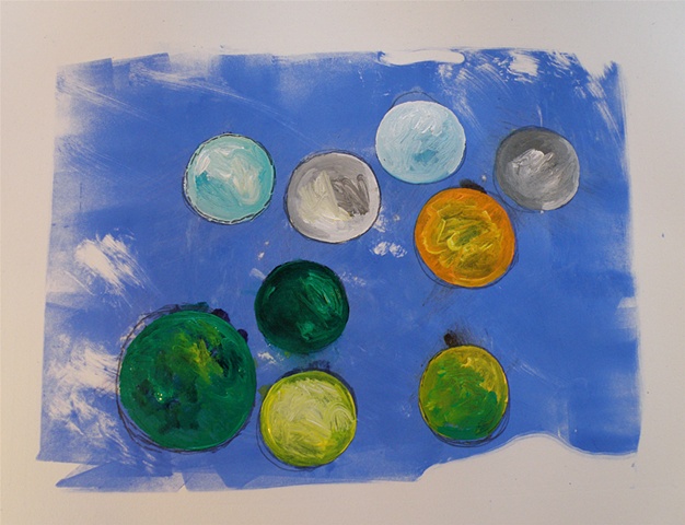 circles of blended acrylics, soft brushed blue background of print