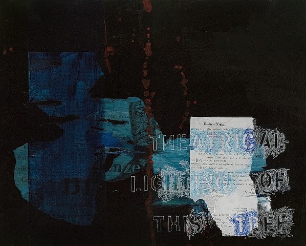 black background, blue ripped shape much of left, stencil "theatrical lighting of this tree" right