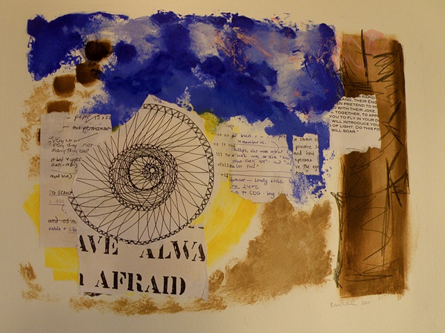 spiral collaged drawing, texts added, AFRAID, right margin in brown
