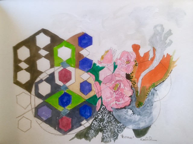 Geometry left, lace below, pink peonies center, rising orange lines right