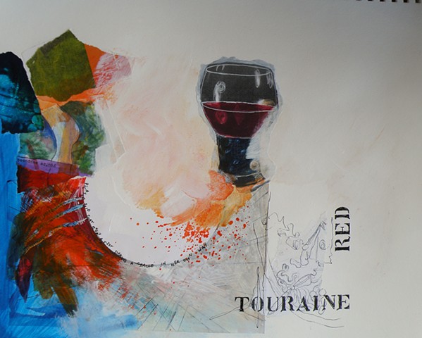 semi-circle left, blue behind, glass of red center, stencil TOURAINE RED
