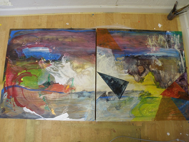 two panels, thin washes of acrylicwith heavier brushstrokes and a triangle lower right