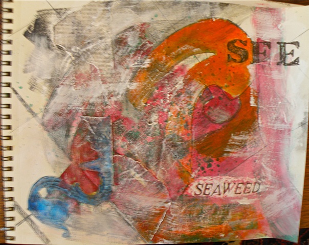 stencilled "SEE" and SEAWEED" mostly reds and oranges, overlay of white, blue curlicue