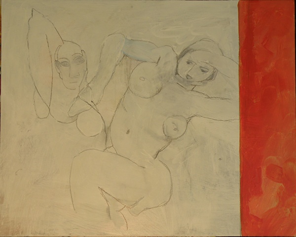 white pencilled outlines of partial Picasso and Matisse figures, rust red stripe right