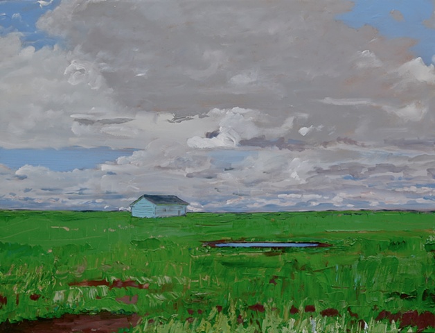 painting of a lonely building in a field