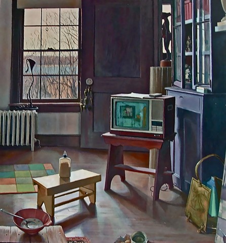 This interior painting was influenced by Vermeer, Hopper, F Porter, and Richard Maury