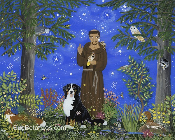 St. Francis art, pet portrait, Sue Betanzos Art, Sue Betanzos Designs,Connecticut painting, Connecticut wildlife, starry sky, Bernese Mountain Dog, Bernese Mountain portrait, dog art