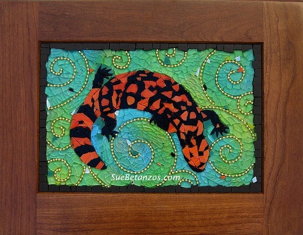 Sue Betanzos, gila monster mosaic, contemporary wildlife mosaic, glass mosaic, tempered glass mosaic, gila monster, desert mosaic, lizard mosaic, endangered wildlife mosaic, endangered gila monster mosaic with blue and green, turquoise, gold, beads