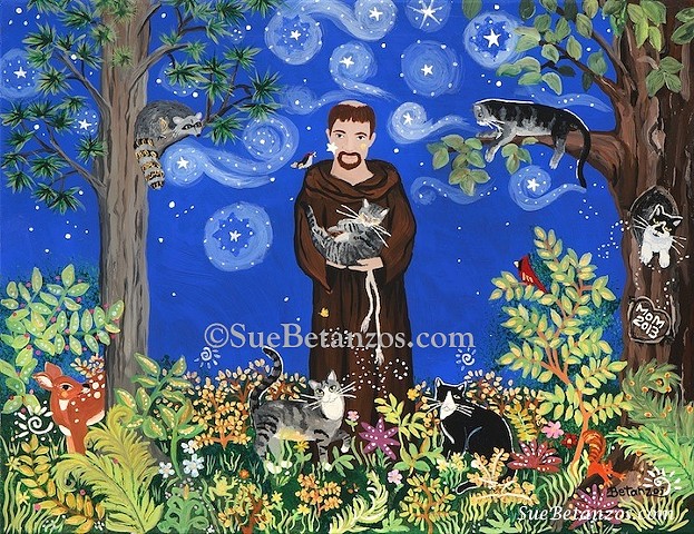 Glass painting, reverse glass painting, St. Francis of assisi Pet Portrait, Sue Betanzos art, custom pet portrait, custom pet memorial, Catholic saint, starry night