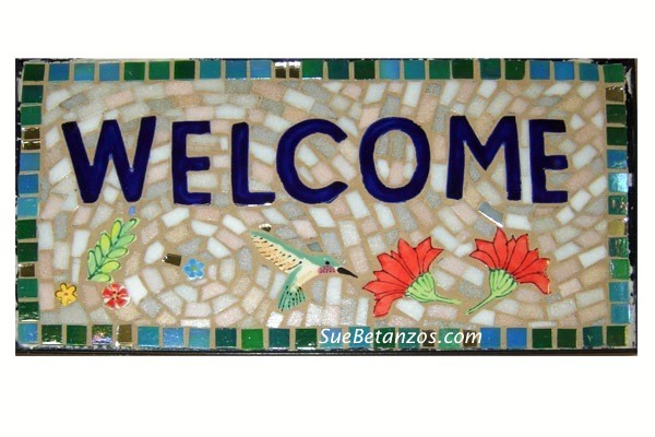 Glass Mosaic, Glass Mosaic sign, Home decor, Wall garden decor, interior decor, mosaic welcome sign, hummingbird sign, Sue Betanzos