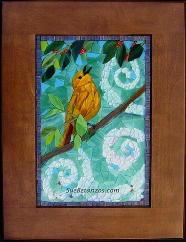 Sue betanzos Art, mosaic wall art, glass wall art, bird mosaic, yellow warbler mosaic, wildlife bird mosaic, bird art, mosaic yellow bird, mosaic bird