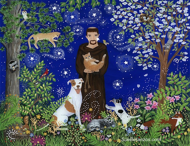 St. Francis of assisi Pet Portrait, Sue Betanzos, reverse glass painting, glass painting, Pitt Bull, Pitti, dog, cat, pet, pet portrait, pet memorial, forest wildlife, saint, angel, deer, cardinal, starry night