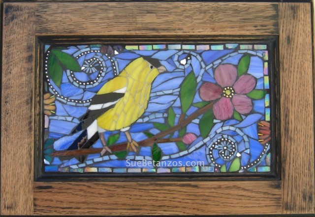 Contemporary Glass Mosaic, Home decor, interior wall art decor, Glass Wall Hanging, goldfinch mosaic, songbird mosaic, goldfinch art, bird art, sue betanzos art, stained glass wall mosaic