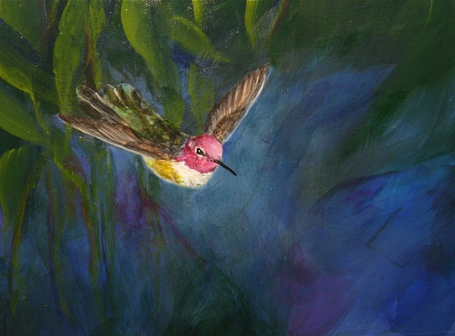 Anna's Twilight Hummingbird Painting, sue betanzos, bird painting, hummingbird painting, Anna's hummingbird painting, bird art, wildlife painting, backyard birds, southwest hummingbird painting, contemporary bird painting
