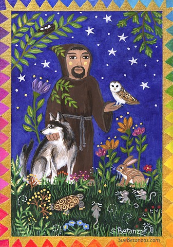 Saint Francis of Assisi painting, St. Francis wall art, St Francis wall decor, Sue Betanzos art, St Francis Art,  miniature painting, catholic wall art, catholic saint wall decor, St francis of Assisi, starry night