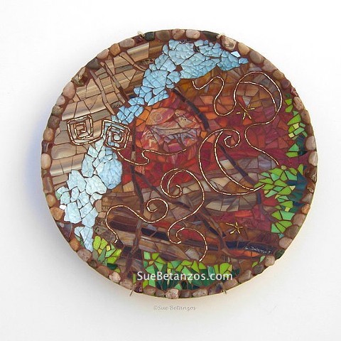 Contemporary mosaic plate, Sue Betanzos Art, stained glass, mosaic mirror, Mosaic plate, 12 inch mosaic dish, stained glass mosaic, vintage beads, mosaic, gold, reverse glass painting