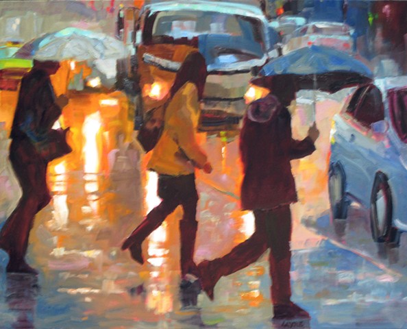 urban scene of figures in the rain