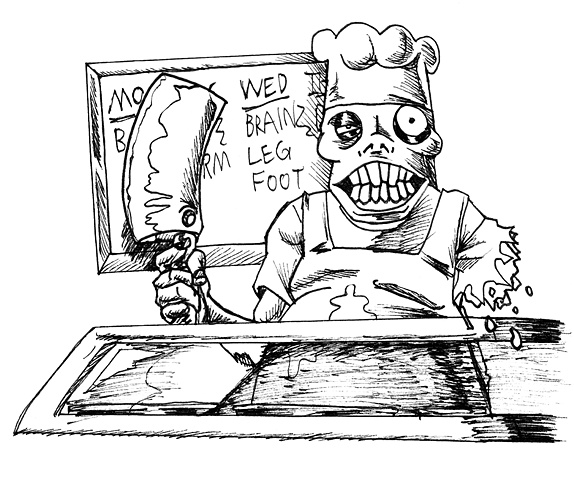 Zombie Short Order Cook. Card Artwork. Monster Class: Undead chef that serves sauteed brains, deep-fried fingers, and flanks, sunny side up.
