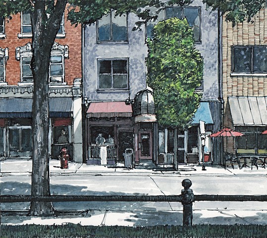 Iowa city painting, Clinton Street, watercolor, John Martinek
