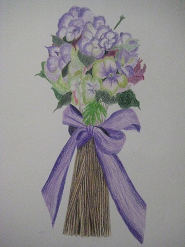 Purple pansies tied with purple ribbon 
