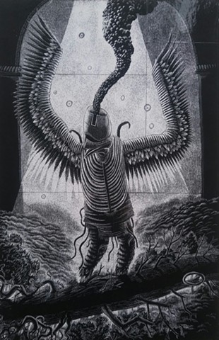 Scratchboard piece dealing with mythology.