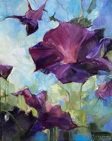 Oil painting inspired by violet petunias in the early morning sun in my backyard by Judy McSween