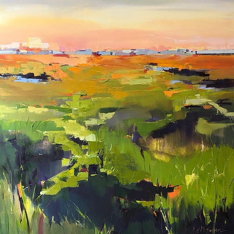 Abstract oil marsh painting sunset greens and oranges Charleston SC