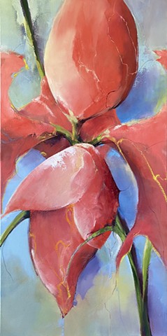 Large scale oil painting of rosy-red and poppy colored amaryllis bloom by Judy McSween
