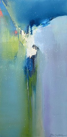 Abstract Oil painting in blue, green and violet with white sparkle accents by Judy McSween
