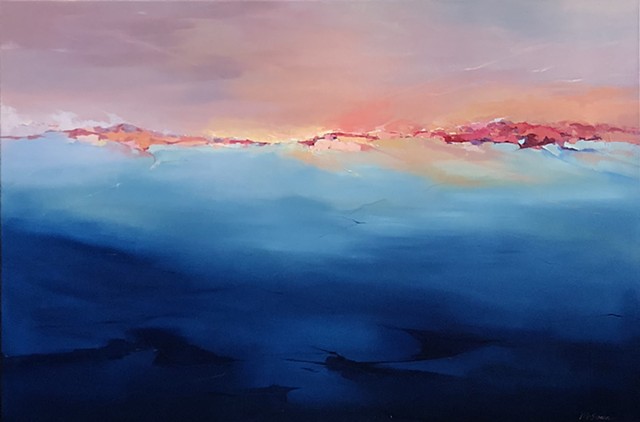 Large abstract landscape in blue and pinks with impasto horizon in red and orange
