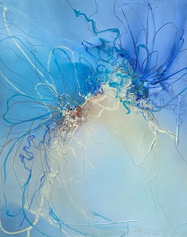 Abstract oil painting in shades of blue with paint stick line embellishment by Judy McSween
