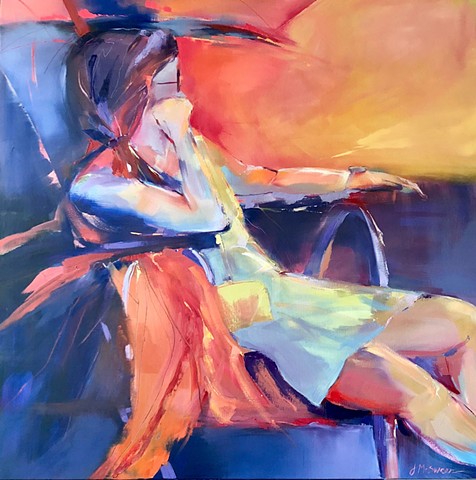 Painting of Reclining figure in red orange and blue oils by Judy Mcsween