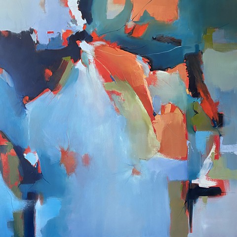 Large blue, turquoise, orange abstract oil painting
