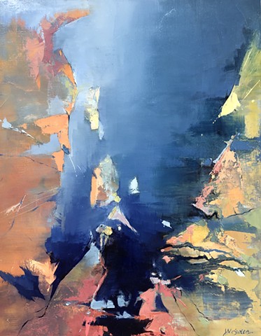 Abstract oil blues and yellow orange Palette knife edges inspired by Grand Canyon ridges and colors