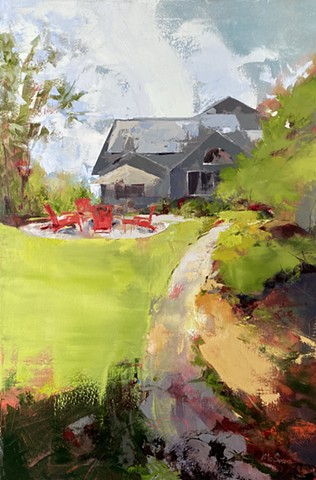 painting of backyard patio and house by Judy McSween