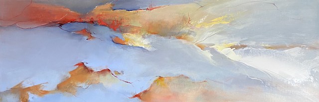 abstract oil painting of light blue clouds and orange sun by Judy McSween
