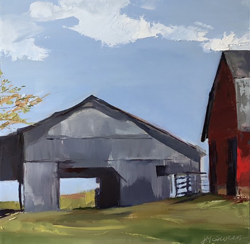Red and gray barns Kentucky landscape acnes in oil by J McSween